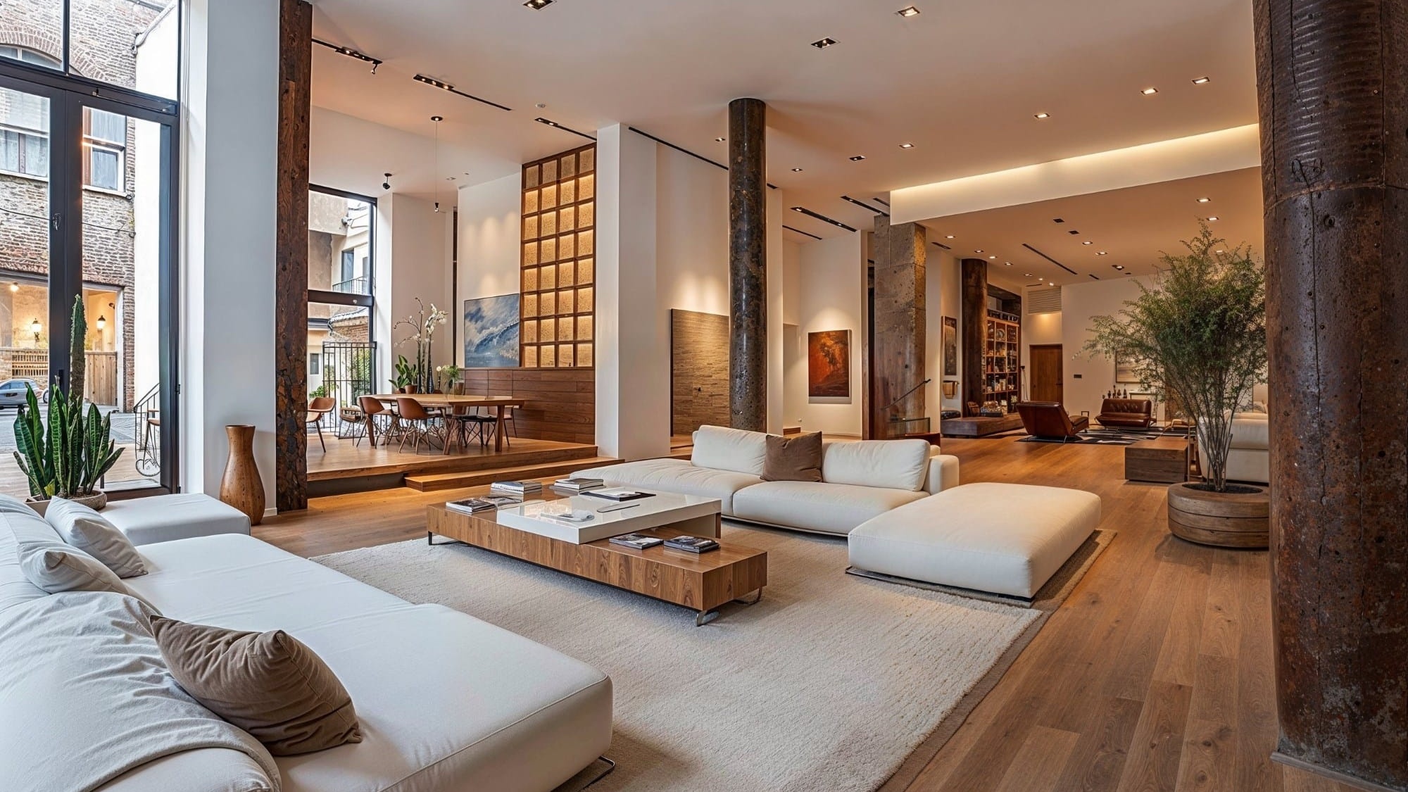 Luxury contemporary living space with designer furniture and ambient lighting